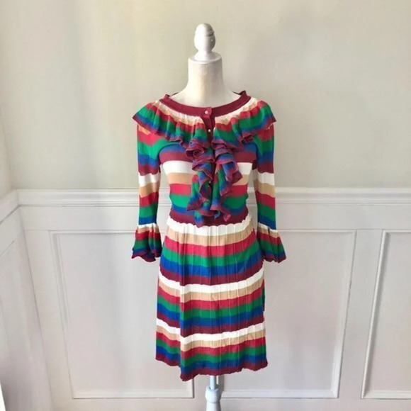 Bright Stripe Long Sleeve Dress Ruffle M - Picture 1 of 6